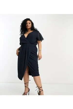 TFNC Vestito midi da damigella avvolgente con maniche con volant in chiffon