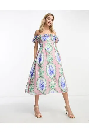HOPE & IVY Vestito midi con spalle scoperte e stampa blu a fiori