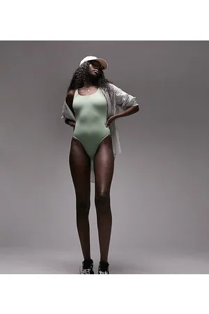 Topshop Costume da bagno kaki a coste con scollo profondo sul retro