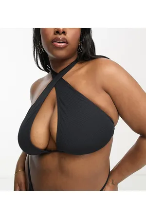 COLLUSION Plus - Top bikini testurizzato nero con allacciatura al collo regolabile