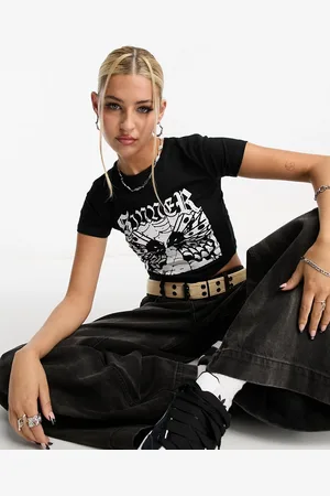 Heartbreak Crop top nero con grafica di farfalla