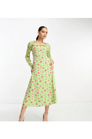 VILA Vestito midi verde a fiori con scollo squadrato e allacciatura sul retro
