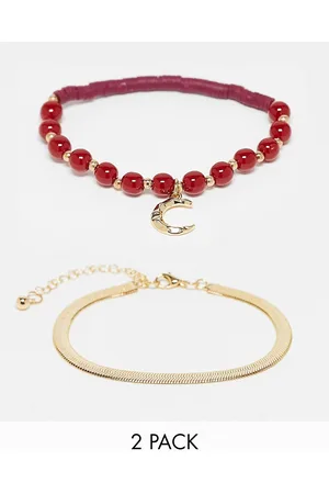 DesignB London Confezione di 2 bracciali dorati a catenina piatta e con perline