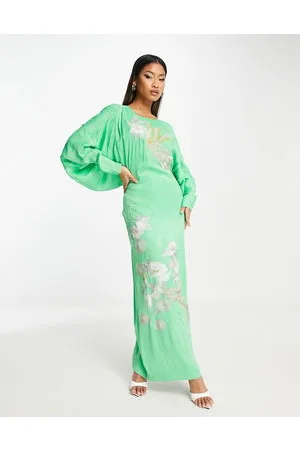 ASOS Vestito midi in raso mela con scollo a V sul retro, maniche ad ali di pipistrello e ricamo di fenice