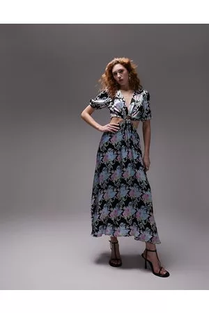 Topshop Vestito midi con cut-out in vita e maniche scampanate con stampa floreale sfumata