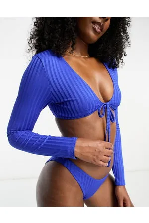 ASOS Top bikini a maniche lunghe mix and match cobalto a coste allacciato sul davanti