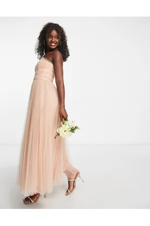 ASOS Vestito lungo da damigella in tulle polvere con corpetto con coulisse