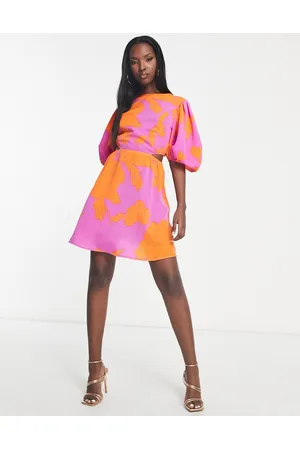 Ax Paris Donna Abiti da sera - Vestito skater corto rosa e arancione a fiori con maniche a sbuffo e cut-out laterali
