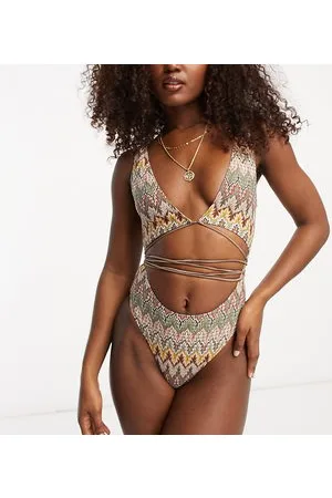 South Beach Esclusiva - Costume da bagno avvolgente con stampa ricamata e cut-out