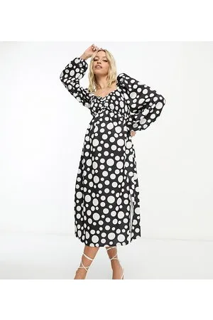 ASOS ASOS DESIGN Maternity - Vestito midi con maniche a campana e bustino arricciato a pois