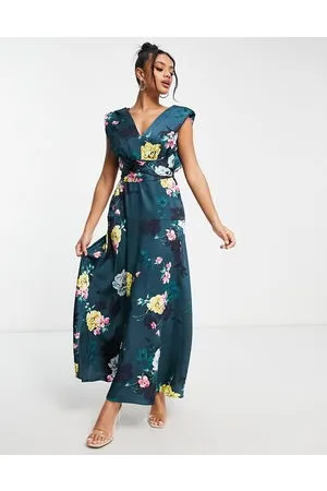 Liquorish Vestito lungo verde-azzurro a fiori con scollo profondo