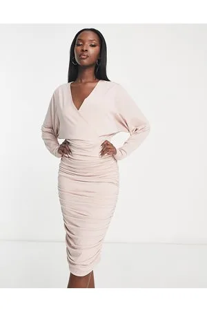 Ax Paris Vestito midi arricciato tenue con maniche ad ali di pipistrello