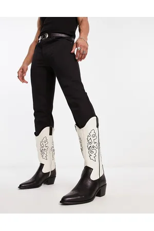 ASOS Uomo Stivali - Stivali stile western con tacco in pelle nera e crema a contrasto