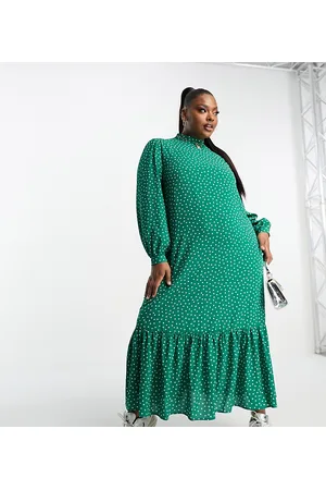 ASOS Donna Vestiti lunghi - ASOS DESIGN Curve - Vestito grembiule lungo accollato verde a pois