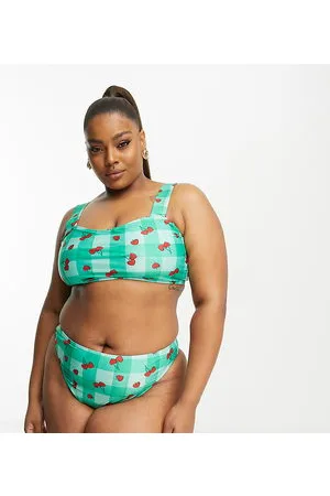 Brave Soul Plus - Top bikini con scollo squadrato chiaro con stampa a quadri con ciliegie