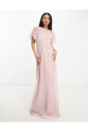 ASOS Donna Abiti da sera lunghi - Vestito lungo da damigella con maniche a pipistrello con fiori applicati