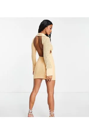 ASOS ASOS DESIGN Petite - Vestito camicia corto in pizzo color albicocca con schiena scoperta