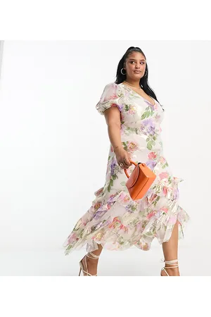 ASOS Donna Vestiti lunghi lurex - ASOS DESIGN Curve - Vestito lungo in lurex con stampa di rose e volant sul fondo