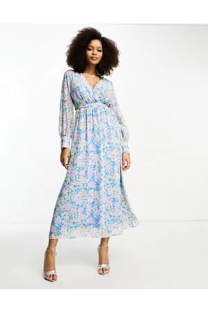 VILA Vestito midi allacciato in vita blu pastello a fiori