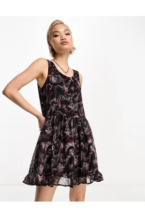 Bolongaro Donna Vestiti grembiule - Vestito grembiule senza maniche nero con stampa