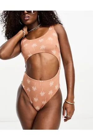 ASOS Costume con cut-out con scollo rotondo marrone con stampa di palme e nodi laterali