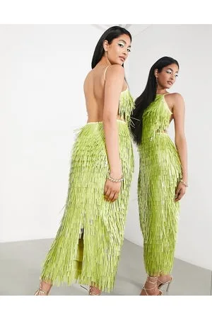 ASOS Vestito midi allacciato al collo lime con paillettes lunghe