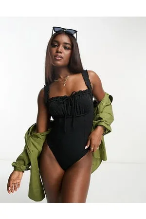 Miss Selfridge Costume da bagno stile corsetto in pizzo sangallo nero allacciato davanti