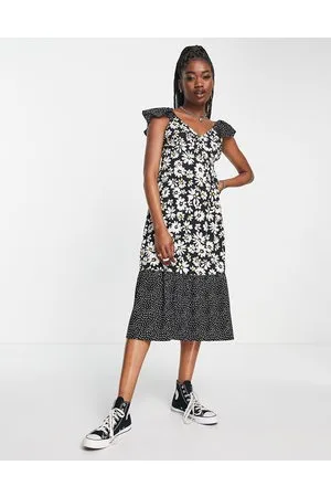 Influence Vestito midi con stampa mista a pois e margherite con volant sulle maniche