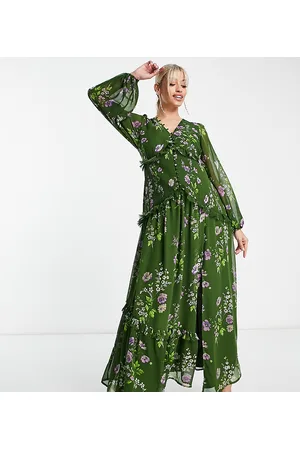 ASOS Donna Vestiti lunghi a fiori - ASOS DESIGN Maternity - Vestito lungo verde a fiori con bottoni e pinces