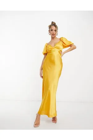 ASOS Vestito modello milkmaid in raso color con finiture in pizzo, gonna al polpaccio e fascette sul retro