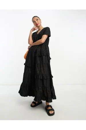 ASOS Donna Vestiti eleganti - Vestito lungo a trapezio in pizzo nero con motivo patchwork