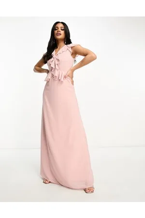 TFNC Vestito lungo da damigella in chiffon malva con volant