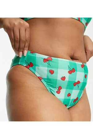 Brave Soul Plus - Slip bikini a vita alta chiaro a quadri con stampa di ciliegie