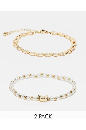 DesignB London Donna Bracciali - Confezione di 2 bracciali dorati a catenina e con perle
