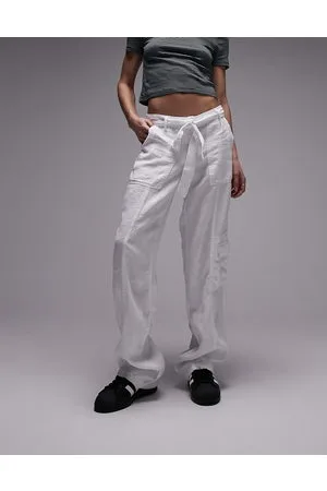 Topshop Pantaloni dritti in lino a vita medio alta con allacciatura in vita