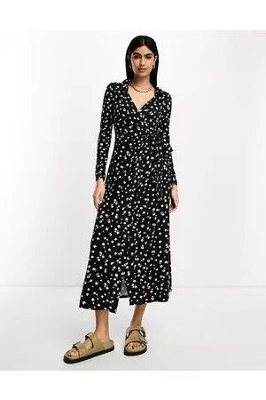 ASOS Vestito midi avvolgente a maniche lunghe con colletto nero con stampa a fiorellini