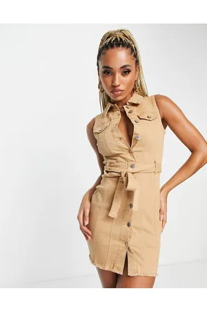 Parisian Vestito multitasche in denim color cammello con cintura