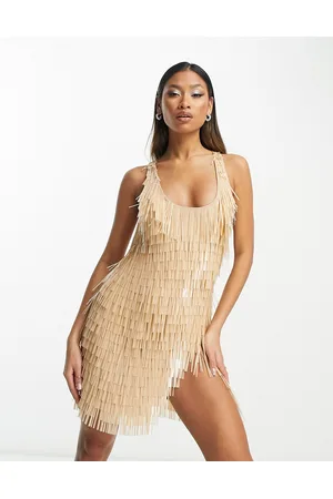 ASOS Donna Abiti da sera - Vestito corto con scollo rotondo color pietra con paillettes lunghe e spacco sulla coscia