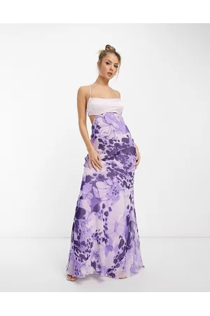 ASOS Donna Vestiti lunghi con spalline sottili - Vestito lungo in misto raso con cut-out in vita e spalline sottili incrociate color viola a fiori
