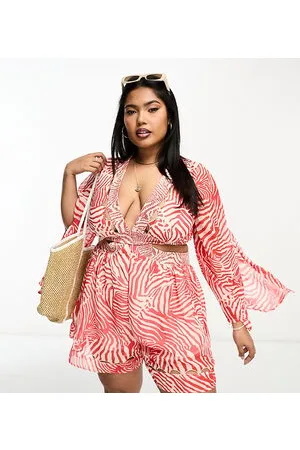 River Island Tuta corta da spiaggia con maniche svolazzanti rossa zebrata