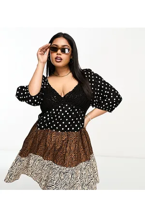 ASOS Donna Vestiti sexy - ASOS DESIGN Curve - Vestito corto babydoll a balze lavorato all'uncinetto con stampa animalier mista