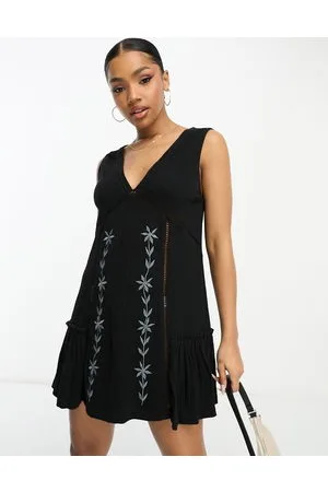 ASOS Vestito corto senza maniche stropicciato nero con pannello a contrasto ricamato
