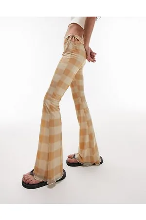 Topshop Pantaloni a zampa in rete beige a quadri con laccetti laterali