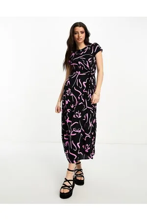 New Look Vestito midi allacciato in vita arricciato nero e rosa con stampa astratta