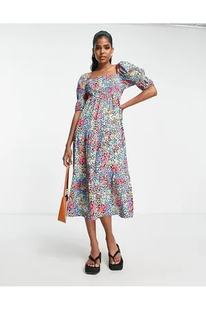 Influence Vestito midi con scollo squadrato, maniche a sbuffo e stampa a fiori vivaci