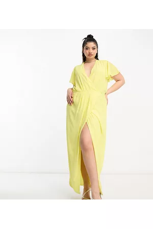 TFNC Donna Vestiti eleganti - Vestito lungo da damigella avvolgente in chiffon limone con maniche con volant