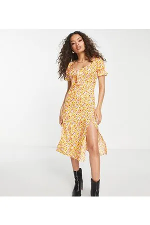 Influence Petite Vestito midi da giorno a fiori con maniche a sbuffo