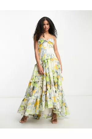 ASOS Donna Vestiti a balze lunghi - Vestito lungo a fiori stile babydoll a balze con volant incrociato sul davanti e con fondo asimmetrico
