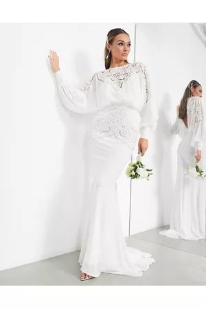 ASOS Donna Vestiti in pizzo - Ella - Vestito da sposa con maniche a campana, perline e dettagli in pizzo sangallo color crema