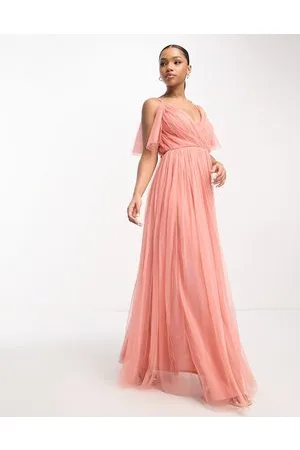 ANAYA Vestito lungo da damigella corallo con scollo a V sul davanti e sul retro